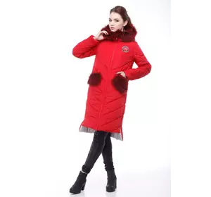 Зимнее пальто Монтана енот в цвете с опушкой (ярко-красный)